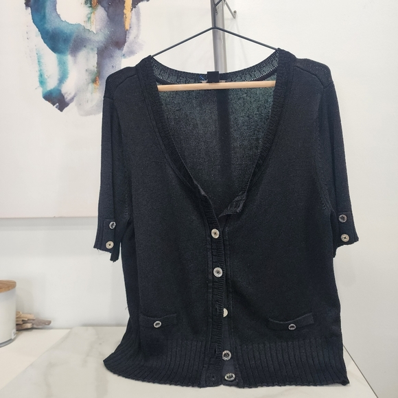 [ WHITE HOUSE BLACK MARKET] womens size XL, 1/2 sleeve black cardigan w/ silver - Picture 2 of 5